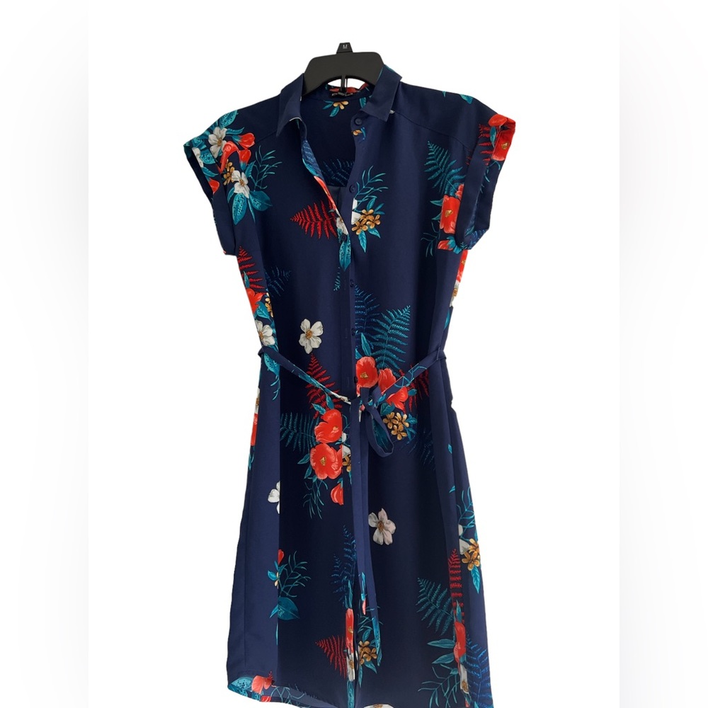 Navy Floral Shirt Dress with Tie Waist